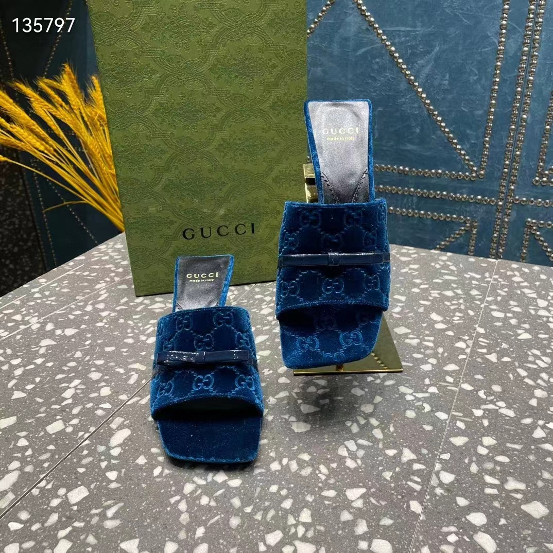 G*u*i women’s gg slide sandal blue gg velvet square toe low 4.3 cm heel
