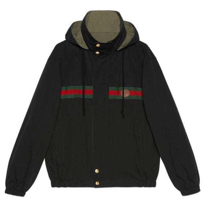 G*u*i gg men cotton jersey sweatshirt web black hooded fixed hood drawstring jacket