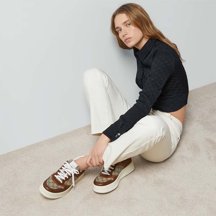 G*u*i unisex gg sneaker brown leather rubber sole mid-heel