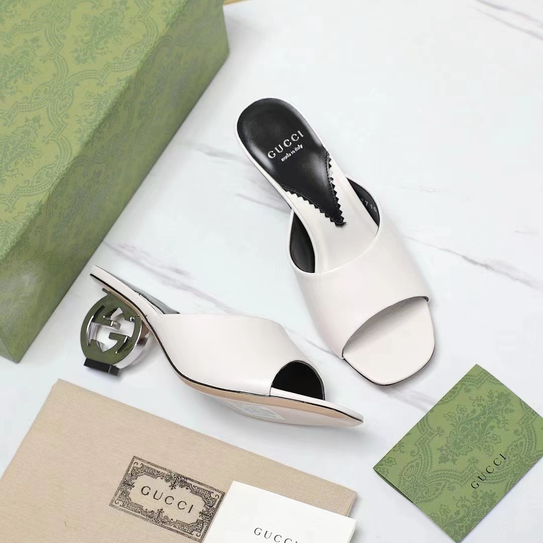 G*u*i women interlocking g heel sandal white leather mid 7.6 cm heel
