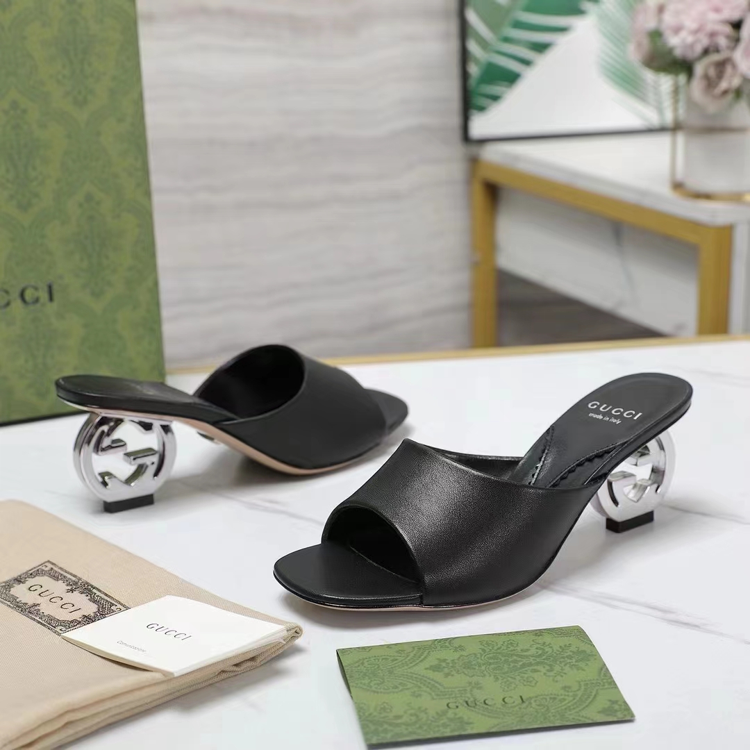G*u*i women interlocking g heel slide black leather mid 7.6 cm heel