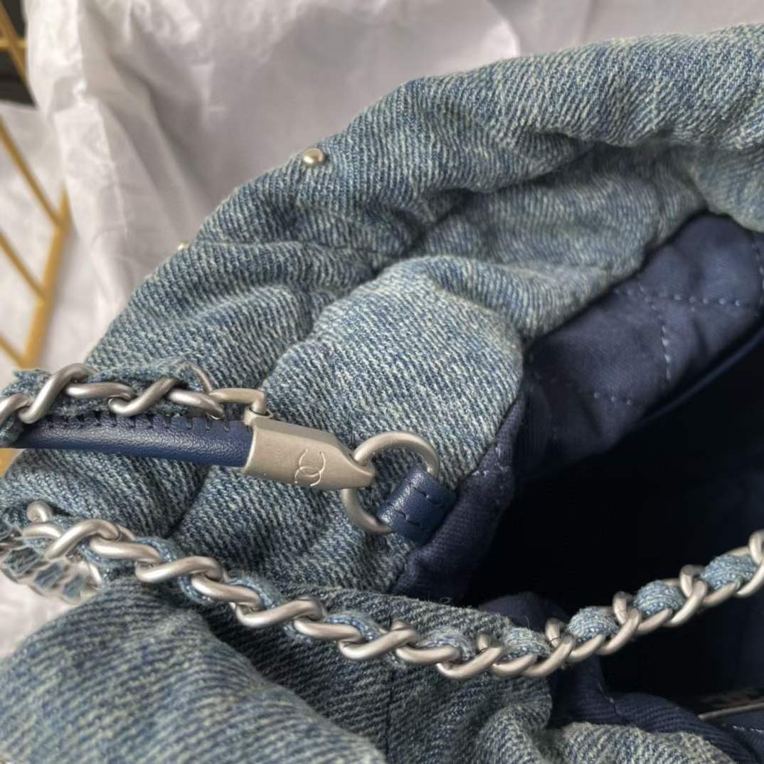 Chanel Women CC 22 Mini Handbag Washed Denim Silver-Tone Metal Blue