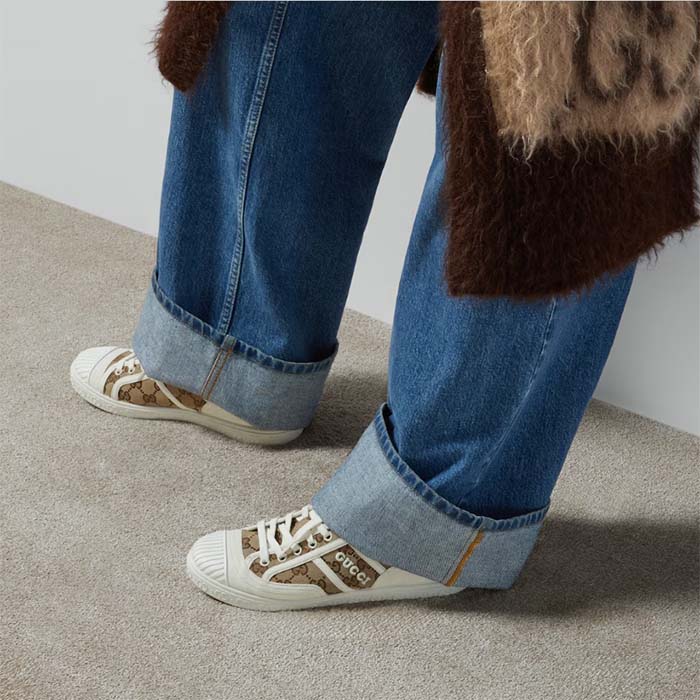G*u*i unisex gg canvas sneaker beige rubber sole lace up flat