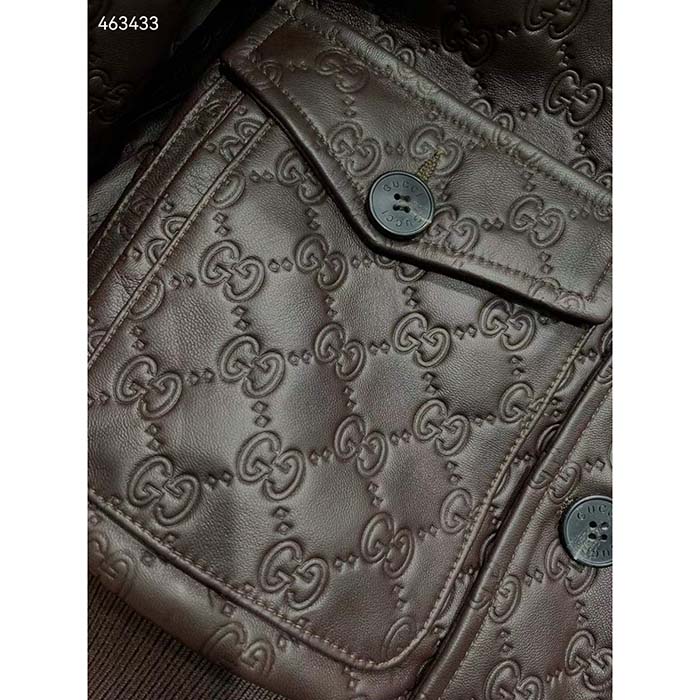 G*u*i women gg leather bomber jacket brown lambskin front patch pockets