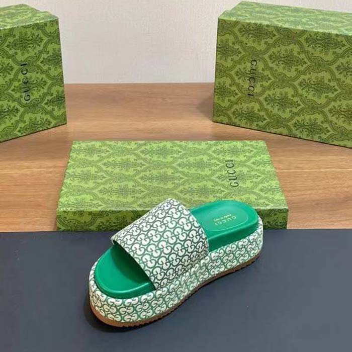 G*u*i women gg platform slide sandal ivory green canvas jacquard