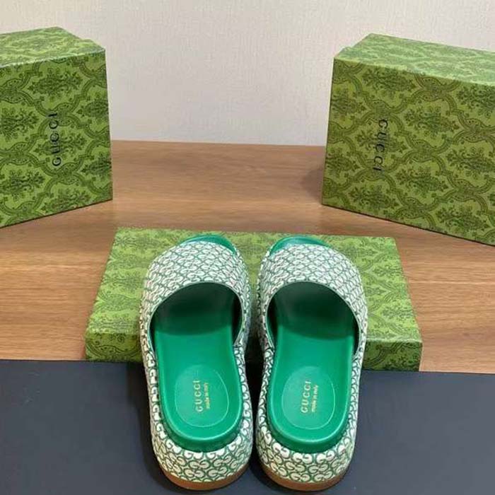 G*u*i women gg platform slide sandal ivory green canvas jacquard