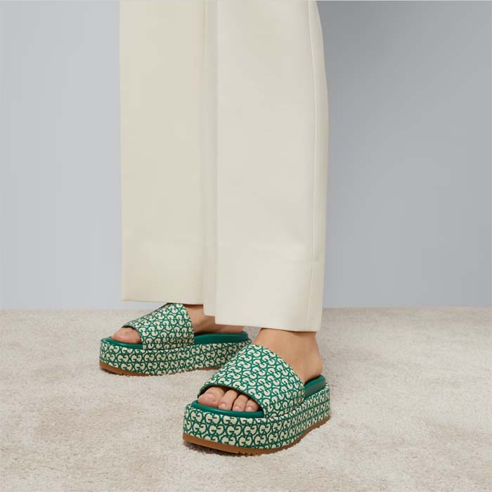 G*u*i women gg platform slide sandal ivory green canvas jacquard
