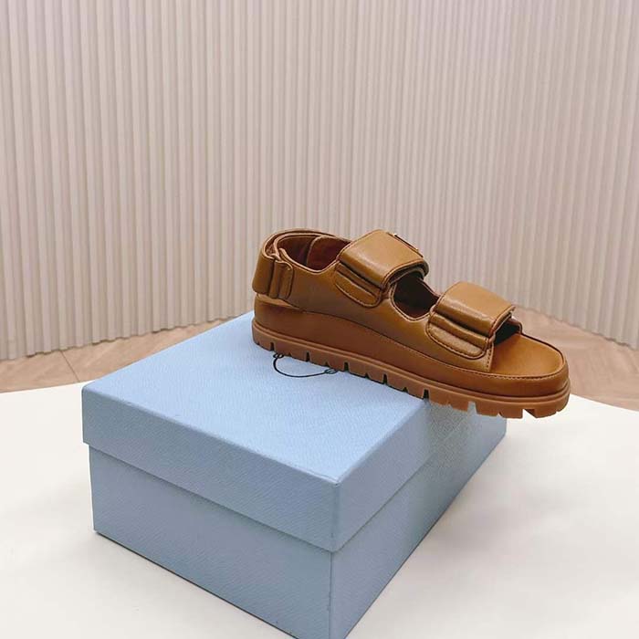 Prada Women Padded Nappa Leather Sandals Metal Lettering Logo Lug Tread