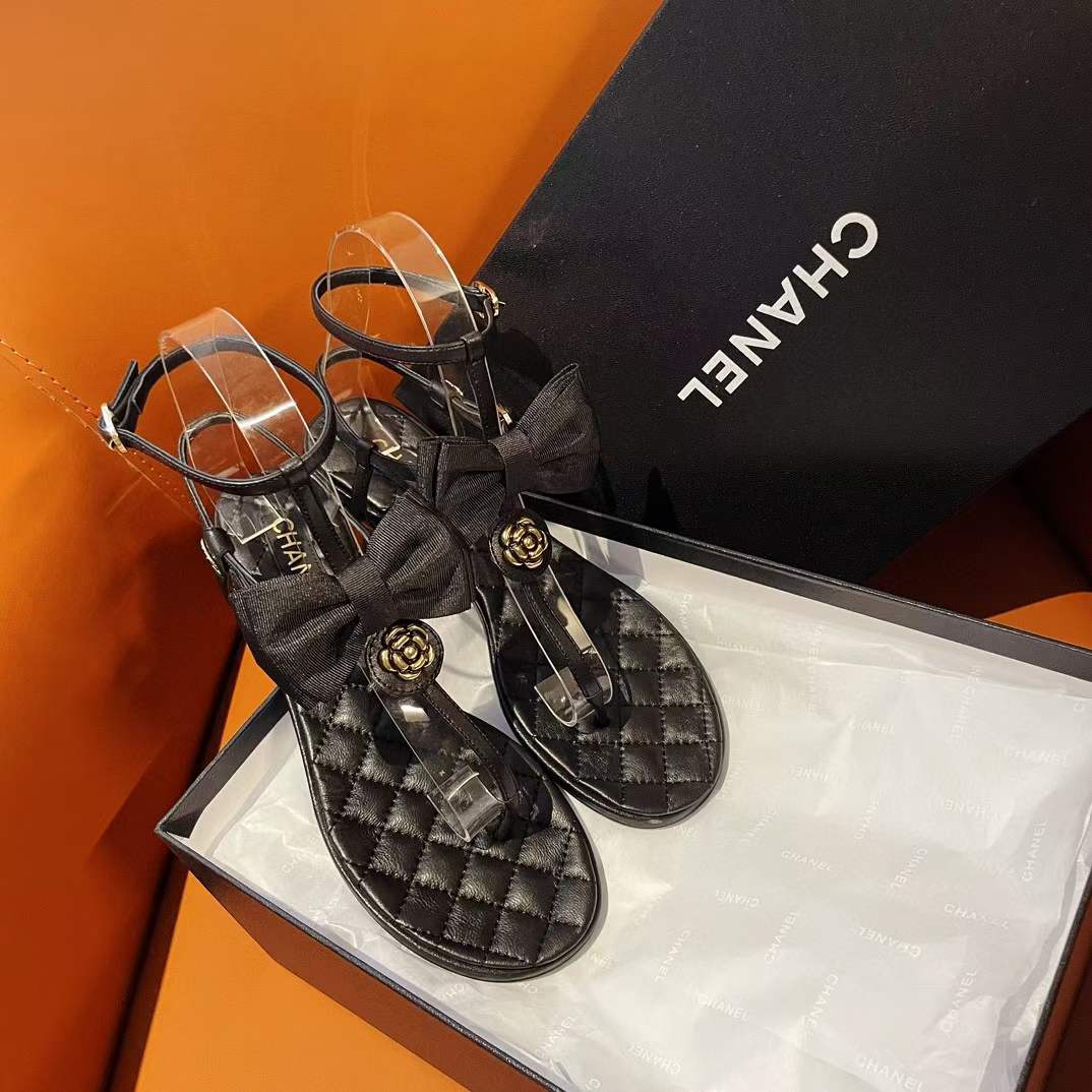 Chanel Women CC Sandals Grosgrain Black 1 CM Heel