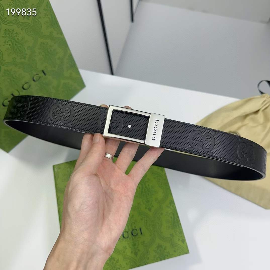G*u*i unisex gg belt rectangular buckle black leather 3.6 cm width