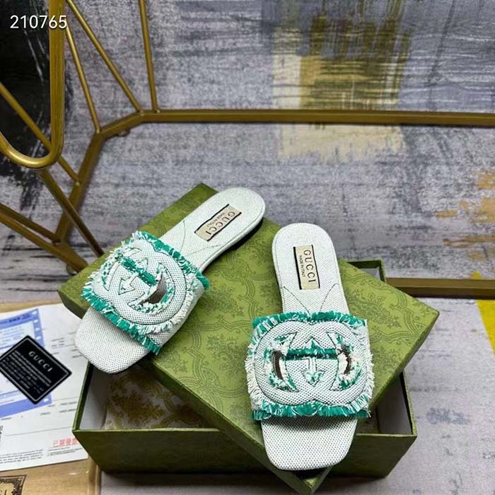 G*u*i unisex gg interlocking g slide sandal light aquamarine canvas leather flat