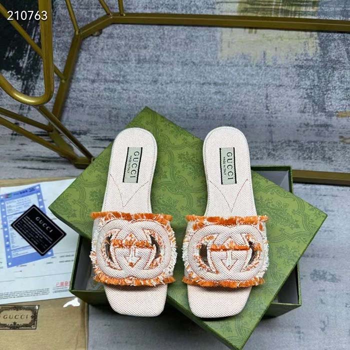 G*u*i unisex gg interlocking g slide sandal orange canvas leather flat