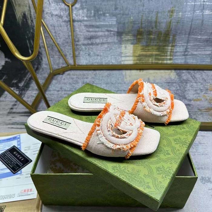 G*u*i unisex gg interlocking g slide sandal orange canvas leather flat