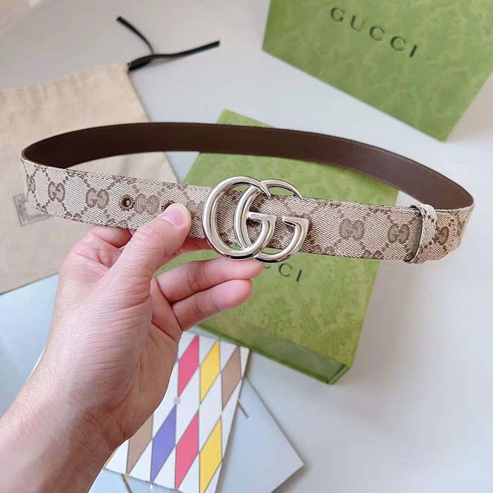 G*u*i unisex gg marmont reversible belt beige ebony original canvas double g buckle