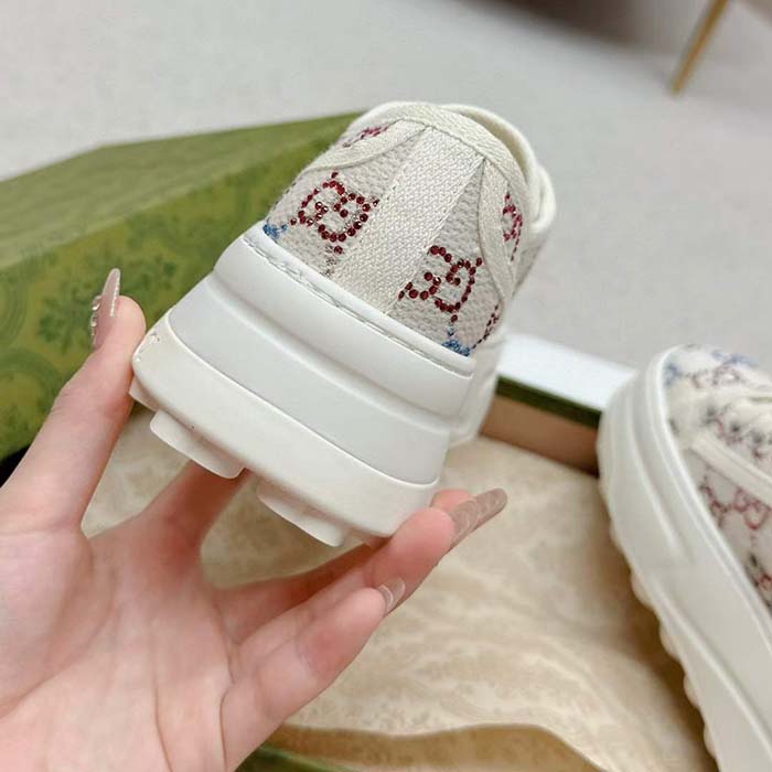 G*u*i unisex gg sneaker tennis 1977 off white canvas lamé crystals low heel
