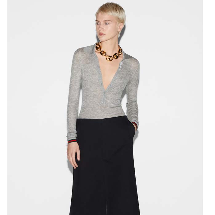 G*u*i women gg extra fine rib cashmere knit top grey silk polo neck