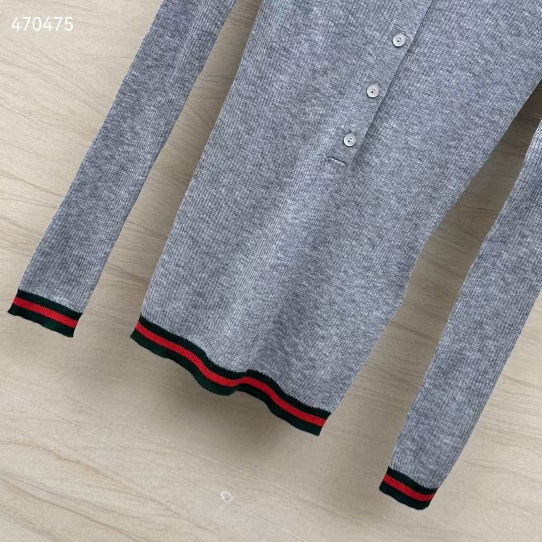 G*u*i women gg extra fine rib cashmere knit top grey silk polo neck