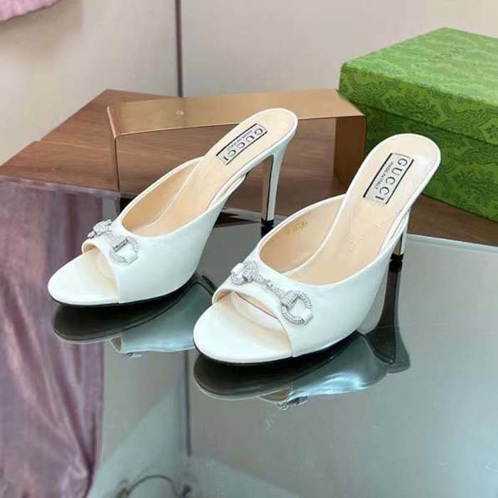 G*u*i women gg horsebit mid-heel slide sandal white leather crystals