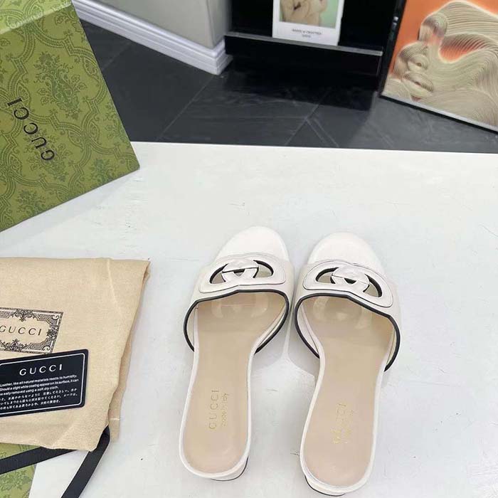 G*u*i women gg interlocking g slide sandal white leather mid-heel