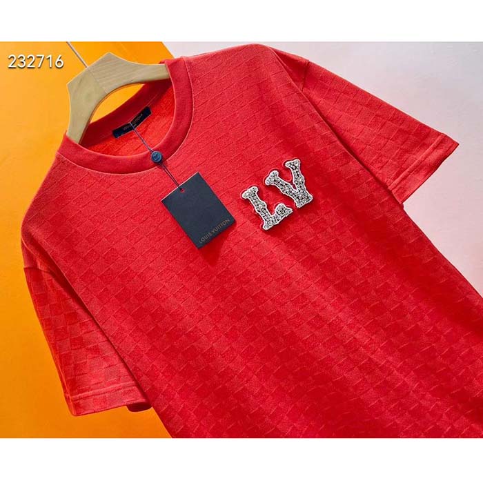 Louis Vuitton Men Cotton Pique T-Shirt Embroidered LV Patch Red Regular Fit 1AFJEC