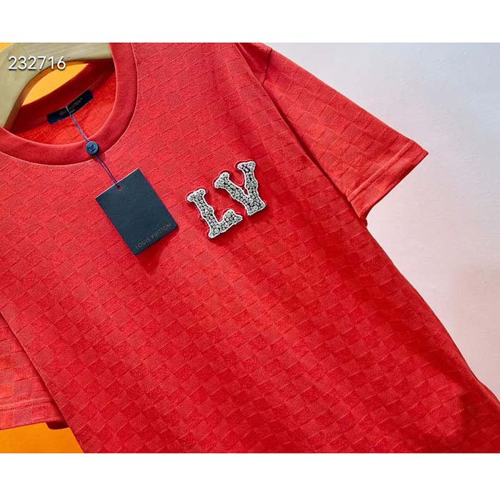 Louis Vuitton Men Cotton Pique T-Shirt Embroidered LV Patch Red Regular Fit 1AFJEC