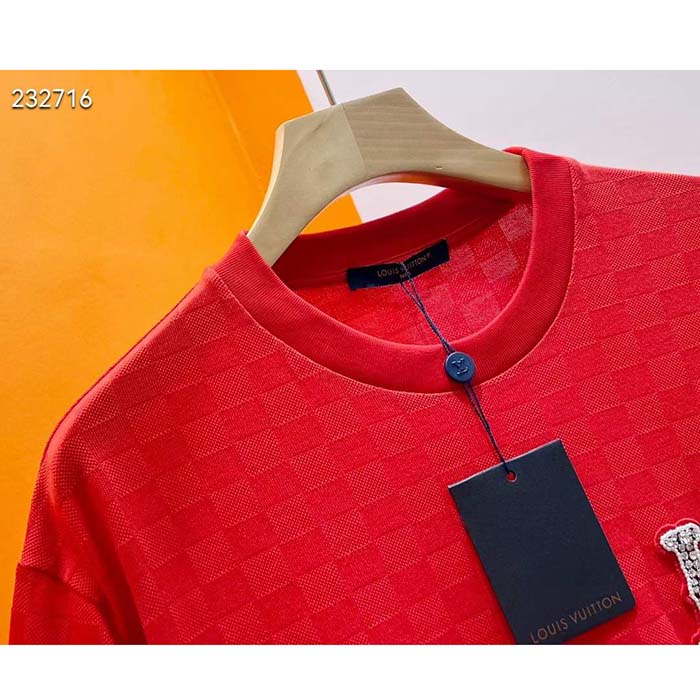 Louis Vuitton Men Cotton Pique T-Shirt Embroidered LV Patch Red Regular Fit 1AFJEC
