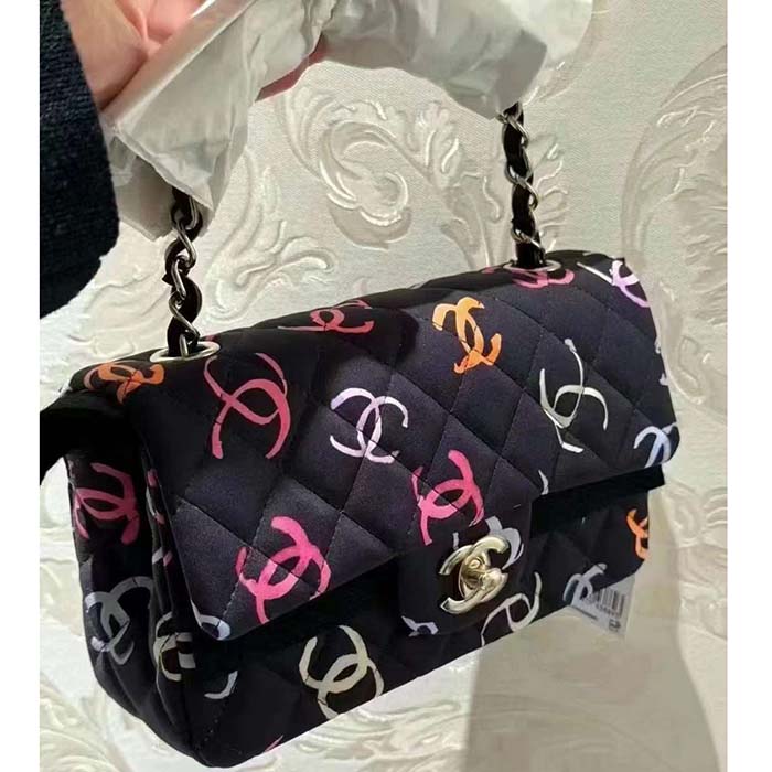 Chanel Women CC Classic 11.12 Handbag Printed Fabric Gold-Tone Metal Black Multicolor