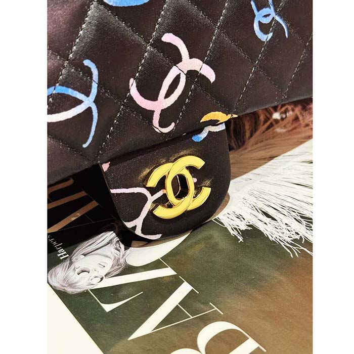 Chanel Women CC Classic 11.12 Handbag Printed Fabric Gold-Tone Metal Black Multicolor