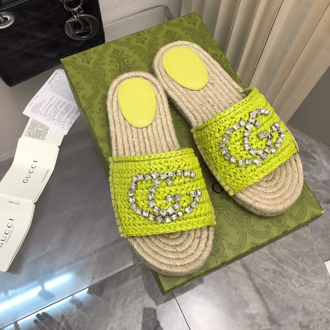 G*u*i unisex gg interlocking g espadrille lime green viscose-effect raffia flat