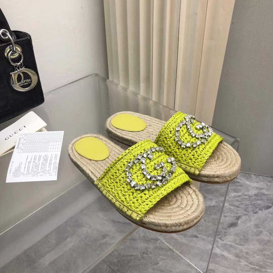 G*u*i unisex gg interlocking g espadrille lime green viscose-effect raffia flat