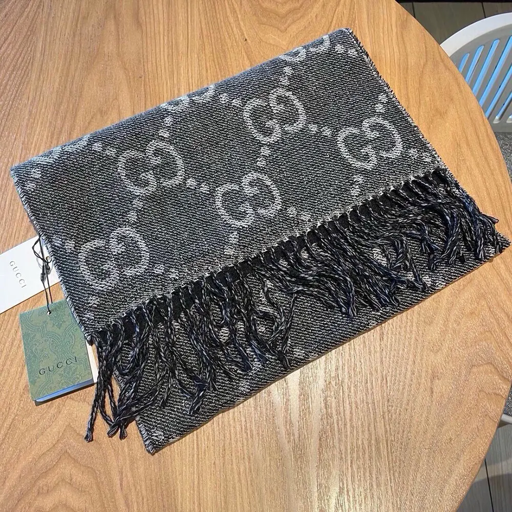 G*u*i unisex gg jacquard pattern knit scarf with tassels-black 6766104g2001061