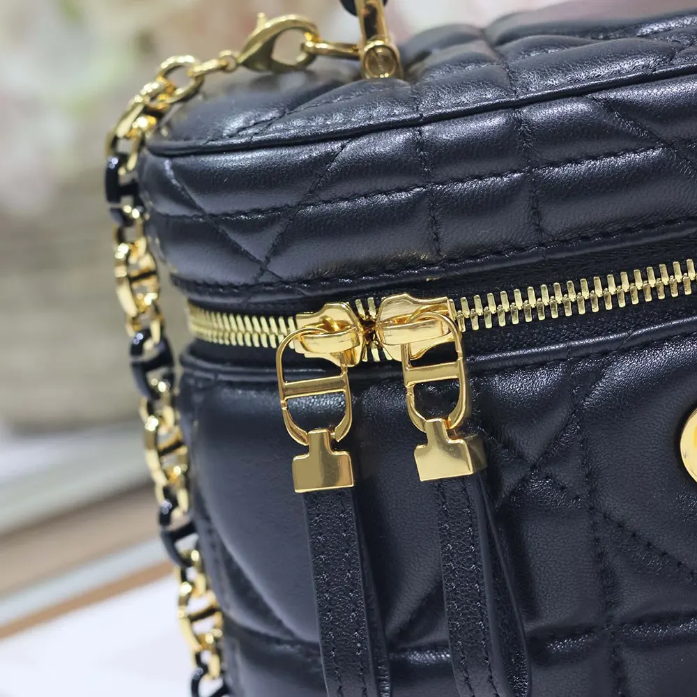 Dior Women Caro Mini Vanity Case Black Macrocannage Lambskin