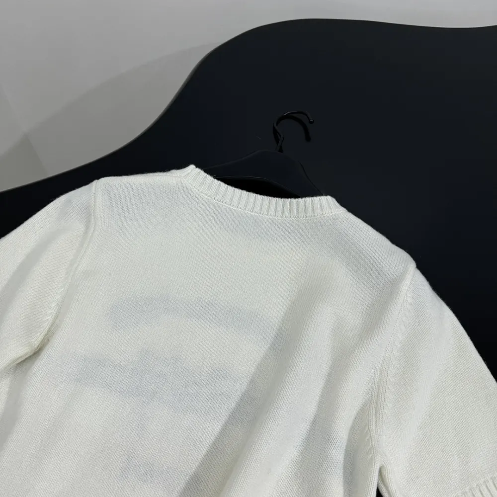 Dior Women Short-Sleeved Sweater White Cashmere Knit with Black Christian Dior Papillon Motif