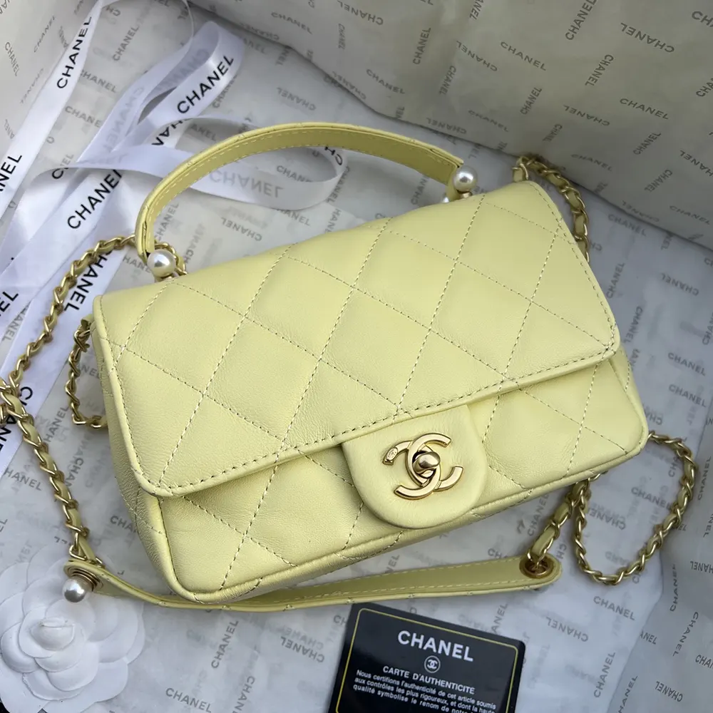 Chanel Women Mini Flap Bag with Top Handle Shiny Lambskin Imitation Pearls-Yellow