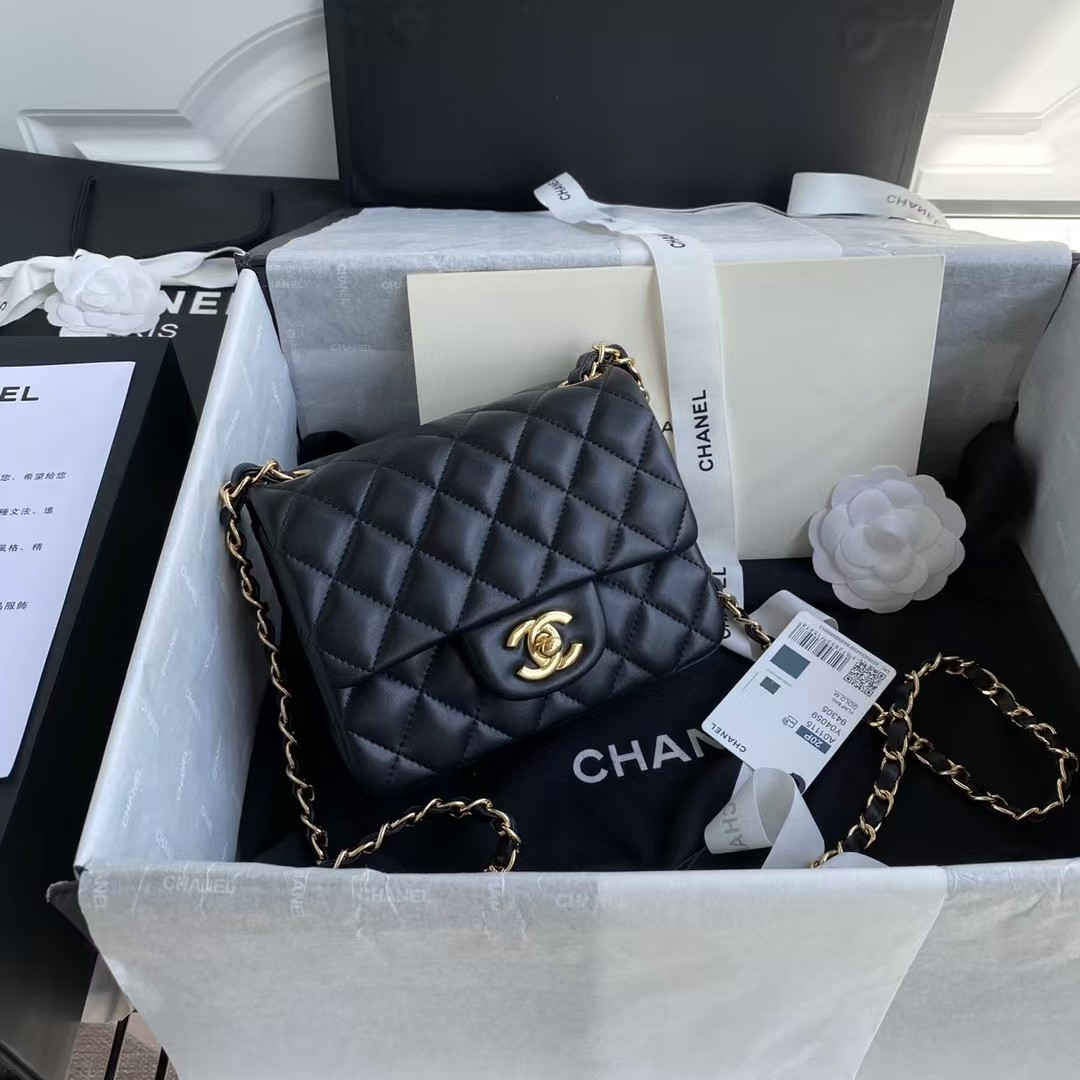 Ch**el Mini Classic Handbag Lambskin & Gold-Tone Metal Black 5.3 × 6.6 × 3.1 in