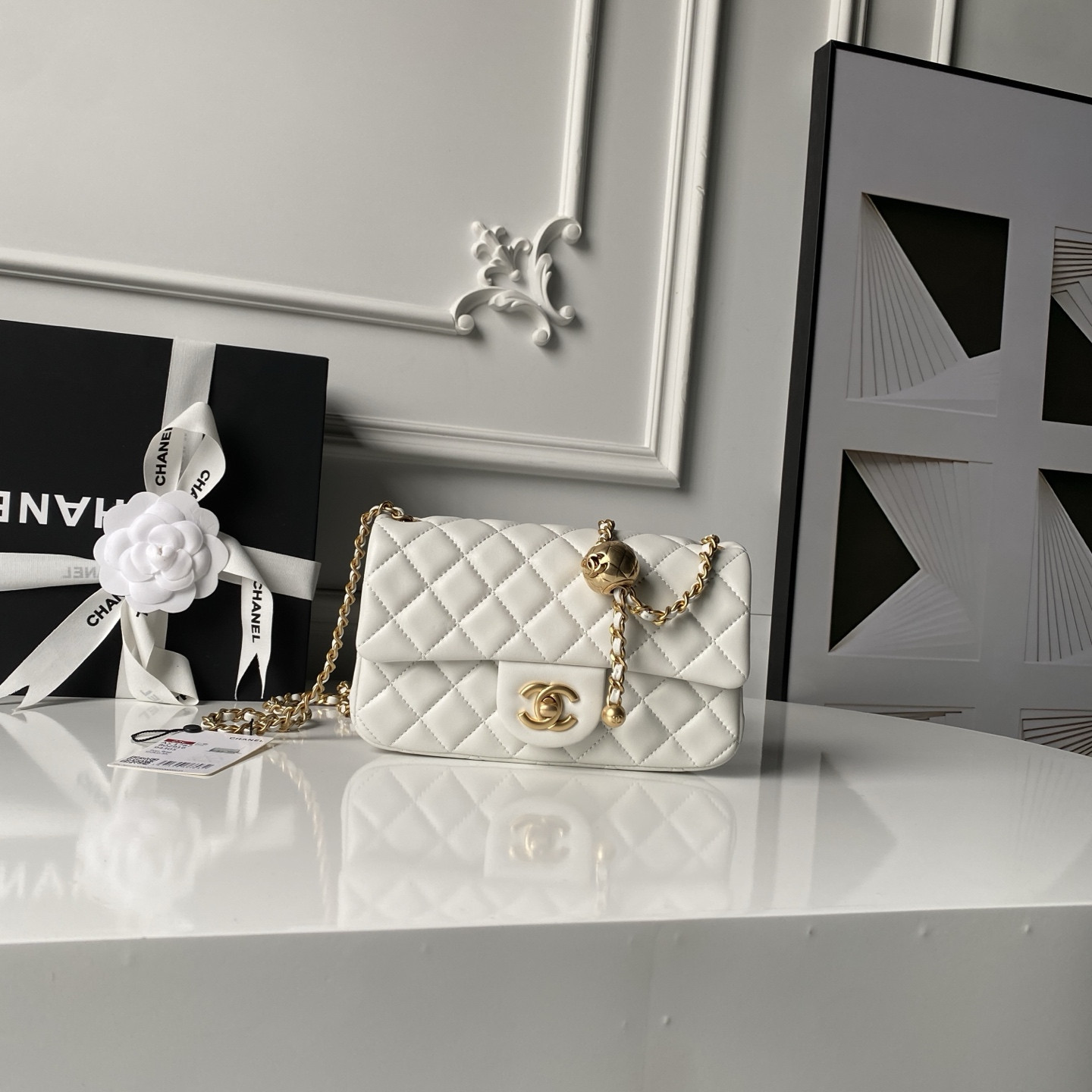 Ch**el MINI FLAP BAG SHINY CALFSKIN & gold-TONE METAL white 4.7 × 7.8 × 2.3 in
