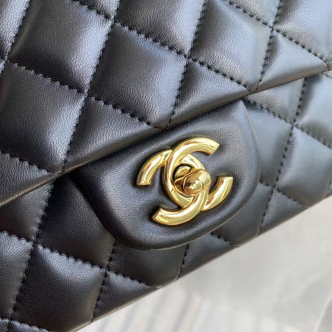 Ch**el Mini Classic Handbag Lambskin & Gold-Tone Metal Black 5.3 × 6.6 × 3.1 in