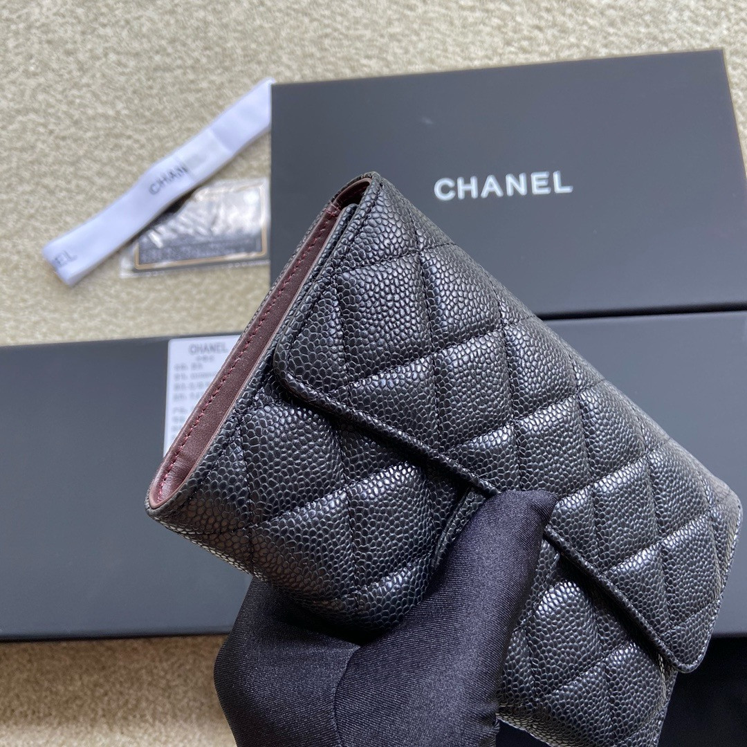Ch**el FLAP WALLET GRAINED LEATHER BLACK 19.5 x10 cm