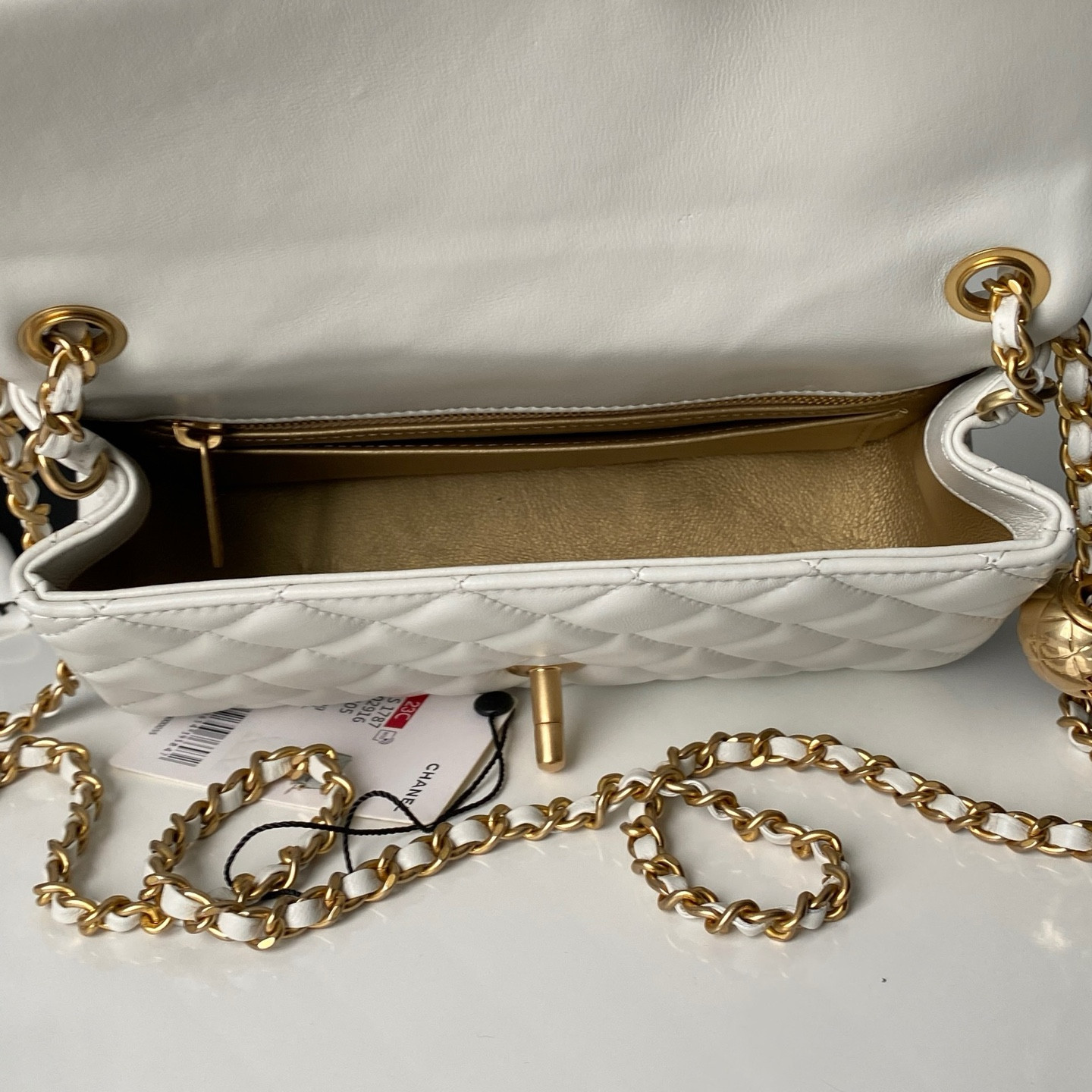 Ch**el MINI FLAP BAG SHINY CALFSKIN & gold-TONE METAL white 4.7 × 7.8 × 2.3 in