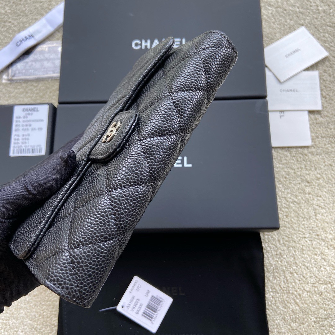 Ch**el FLAP WALLET GRAINED LEATHER BLACK 19.5 x10 cm