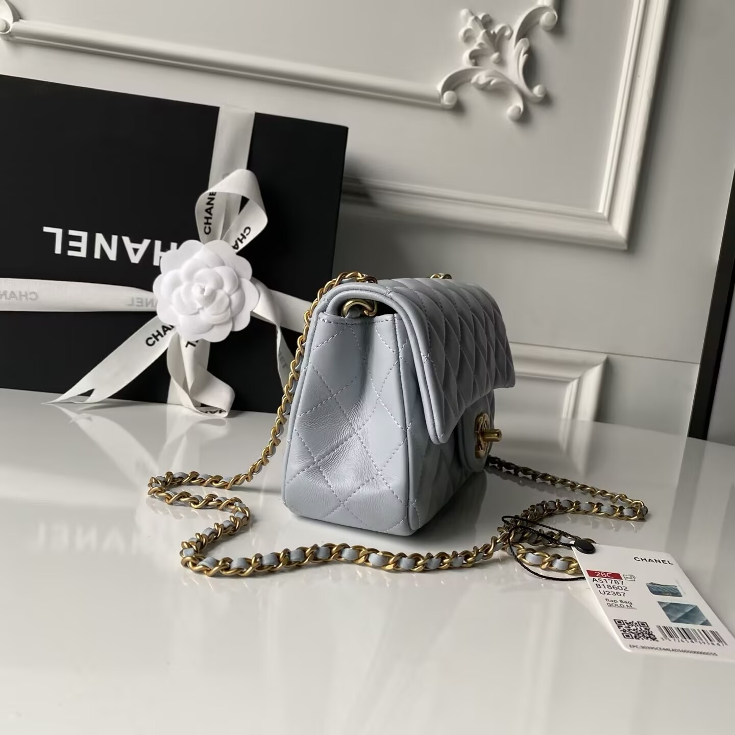 Ch**el MINI FLAP BAG SHINY CALFSKIN & gold-TONE METAL gray 4.7 × 7.8 × 2.3 in