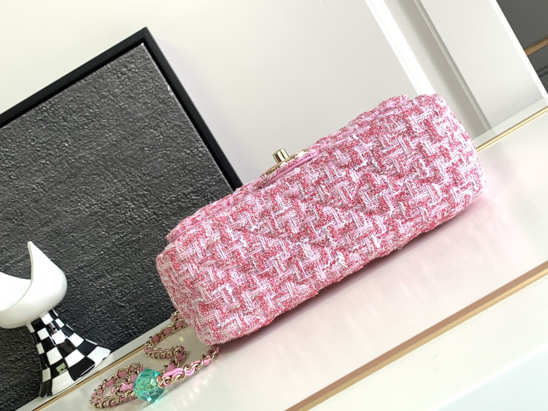 Ch**el flap bag pink tweed 14.5x18.5x6.5cm