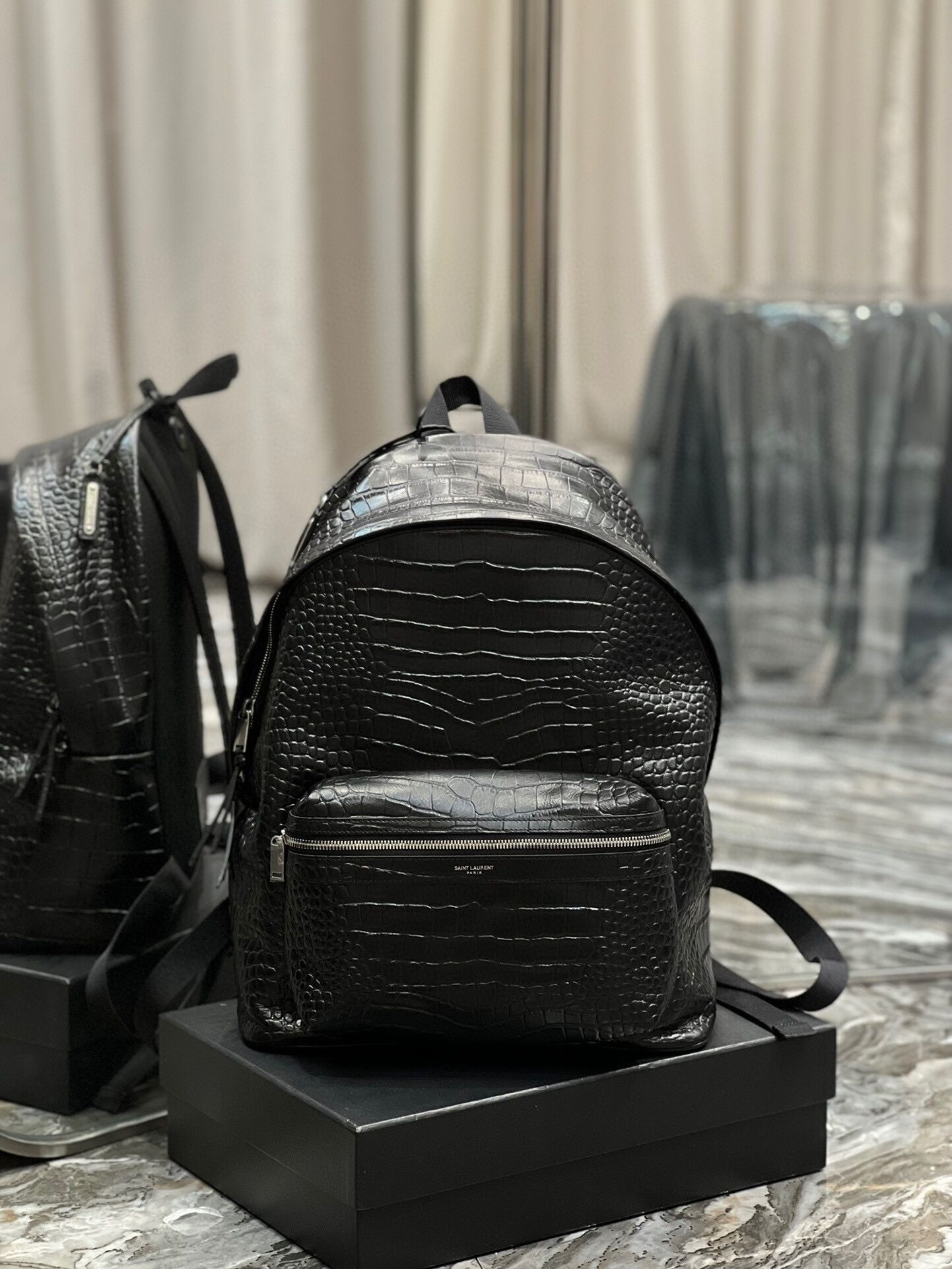 Y51 CITY BACKPACK IN CROCODILE-EMBOSSED LEATHER 12.2 X 16.1 X 8.6 inches