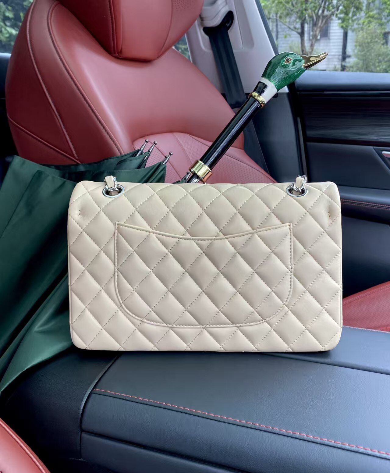 Ch**el Classic Flap Jumbo 25cm CF Khaki Silver 15.5x25.5x6.5cm