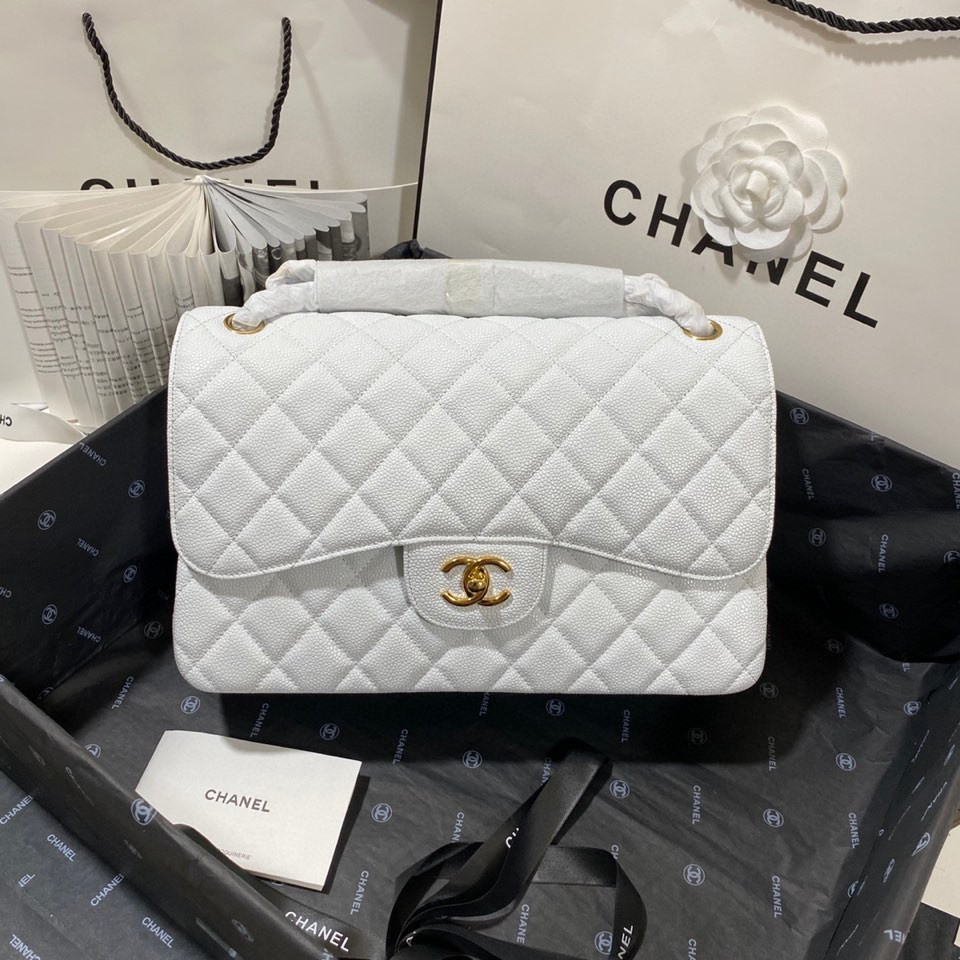 Ch**el Classic Flap Jumbo 30cm CF White Gold 7.6 × 11.7 × 3.9 in