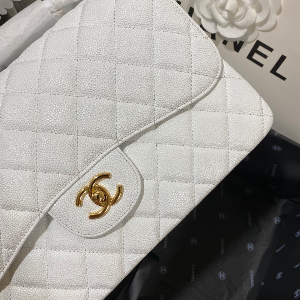 Ch**el Classic Flap Jumbo 30cm CF White Gold 7.6 × 11.7 × 3.9 in