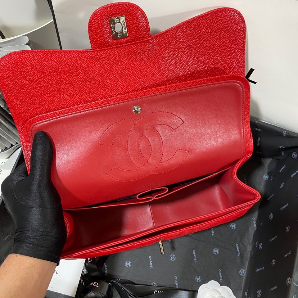 Ch**el Classic Flap Jumbo 30cm CF Red Silver7.6 × 11.7 × 3.9 in