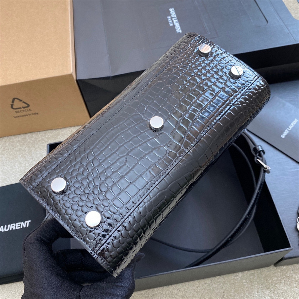 Y51 SAC DE JOUR NANO IN CROCODILE EMBOSSED LEATHER BLACK 8.6 X 6.8 X 3.5 INCHES