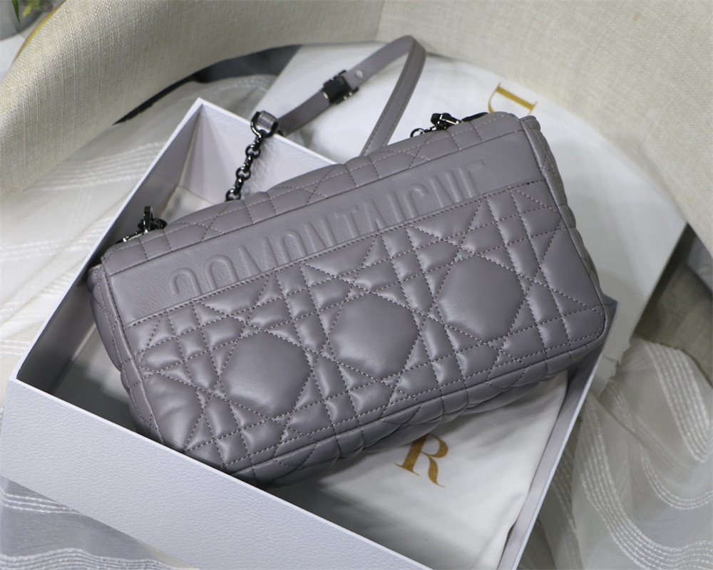 LARGE D10r CARO BAG Stone Gray S*pple Cannage Calfskin With Silver Hardware 29 x 18 x 10 cm