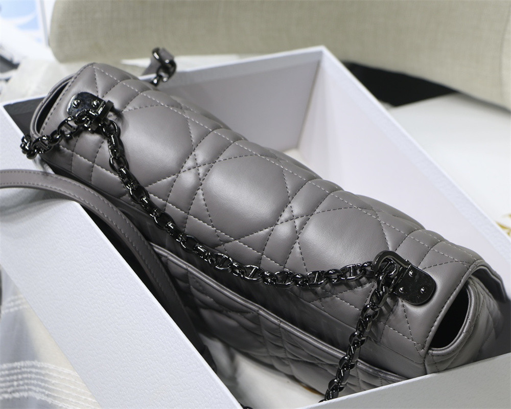 LARGE D10r CARO BAG Stone Gray S*pple Cannage Calfskin With Silver Hardware 29 x 18 x 10 cm